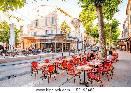 Salon-de-Provence, France - June 17, 2016: View on the central street with cafes and bars in Salon-de-Provence