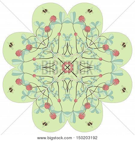 Abstract floral background with leaf lucky clover. Ornamental round pattern. Drawing in the delicate colors.