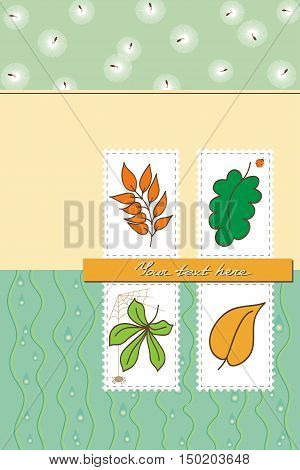 Postcard for autumn theme. Cartoon bugs rain and falling leaves. Soft yellow and green colors