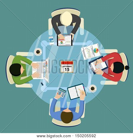 Teamwork analyzing, planning, analyzing project strategy brainstorming research development financial management, marketing research. Concept business. Vector illustration in flat design.