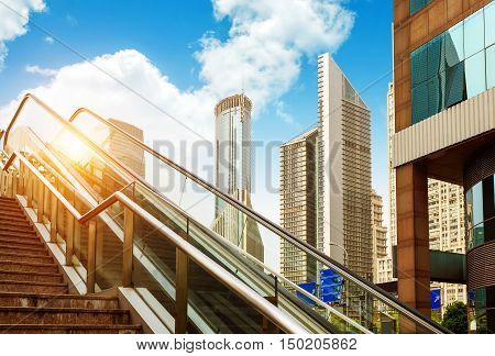 The staircase and skyscrapers of the city viaduct in Shanghai, China