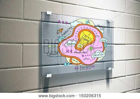Creative light bulb sketch on glass plate. Idea concept. 3D Rendering
