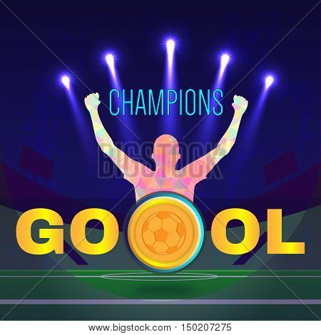 Digital vector, football and soccer champions, gool, abstract sportman with hand in the air, stadium with light
