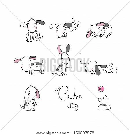 Set of funny cartoon dogs. Hand drawing isolated objects on white background. Vector illustration. quick sketch