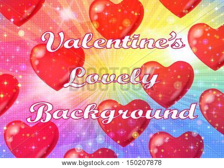 Valentine Holiday Background with Big Red Hearts, Sparks, Confetti and Colorful Light Rays. Eps10, Contains Transparencies. Vector