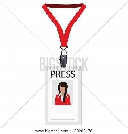 Vector illustration flat design name tag badge template. White plastic lanyard badge with woman photo for press