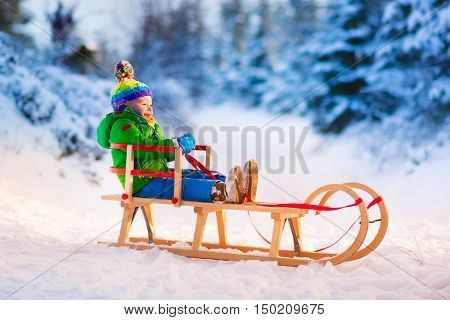Little boy enjoying sleigh ride. Child sledding. Toddler kid riding a sledge. Children play outdoors. Kids sled in snowy park in winter. Outdoor fun for family Christmas vacation. Fir trees and snow.