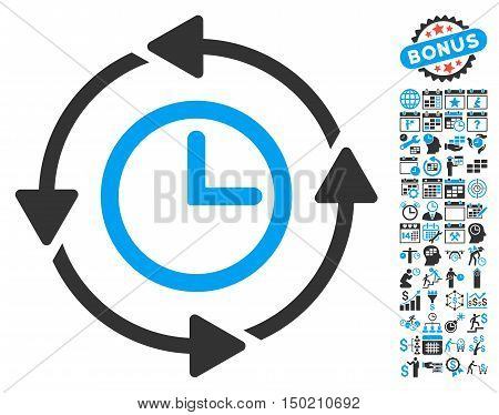 Wayback Clock pictograph with bonus calendar and time management images. Vector illustration style is flat iconic bicolor symbols, blue and gray colors, white background.