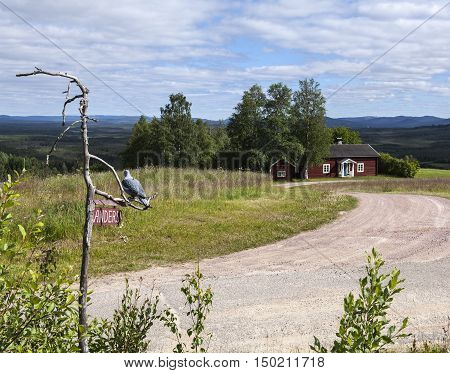 HARJEDALEN, SWEDEN ON JULY 07. View over buildings, gravel road and the landscape on July 07, 2016 in Harjedalen, Sweden. Sign and a wooden bird. Editorial use.