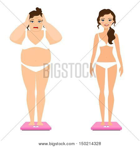 Women weight vector illustration. Slim woman and female overweight body on scale