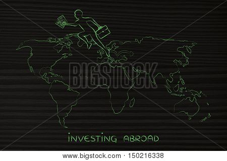 Business Man Jumpying Across Continents On Map Of The World