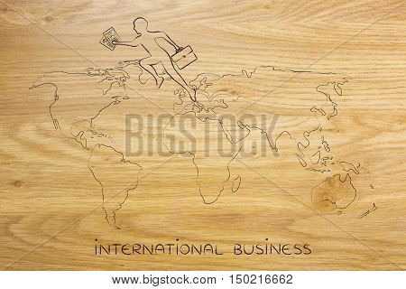 Business Man Jumpying Across Continents On Map Of The World