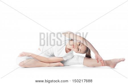 Young Beautiful Woman Makes Exercises On White Background