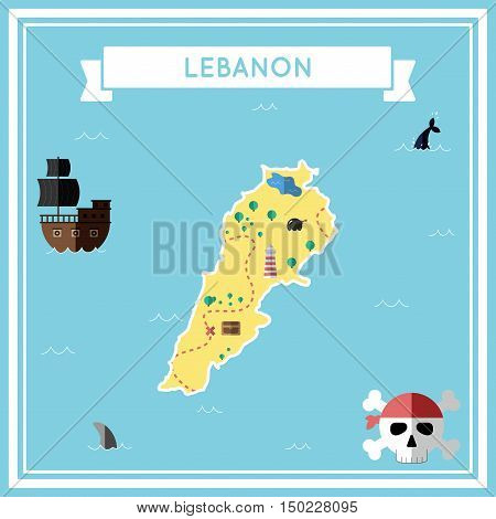 Flat Treasure Map Of Lebanon. Colorful Cartoon With Icons Of Ship, Jolly Roger, Treasure Chest And B