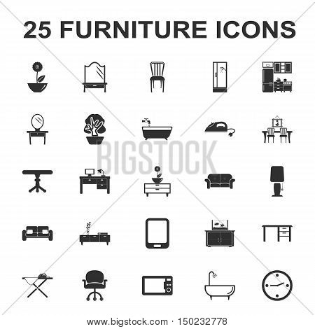 furniture, interior 25 black simple icons set for web design