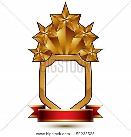 3d vector classic royal symbol sophisticated protection shield with golden star and red wavy stripe decorative emblem isolated on white background dimensional glossy element.