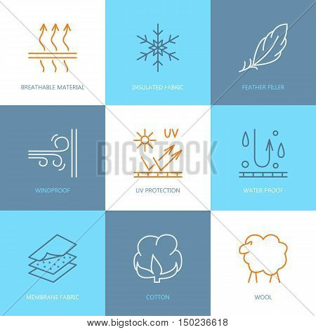 Vector line icons of fabric feature garments property symbols. Elements - wind proof wool waterproof uv protection. Linear wear labels textile industry pictogram for clothes.