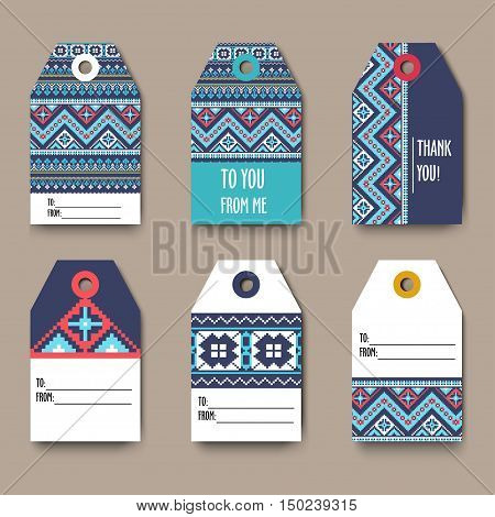 Set of geometric tribal colorful tags with Aztec pixel pattern, label templates, design elements, modern tribal pattern, gift card - stock vector