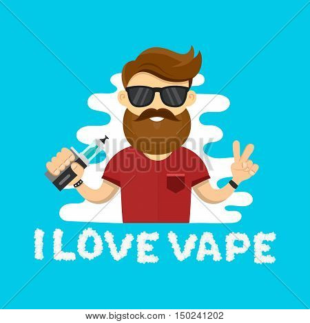 Young hipster man with vape. Flat vector illustration. vaping shop concept. Cloud letters I love vape