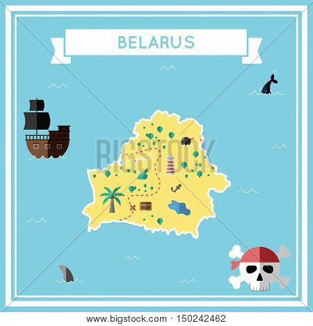 Flat Treasure Map Of Belarus. Colorful Cartoon With Icons Of Ship, Jolly Roger, Treasure Chest And B