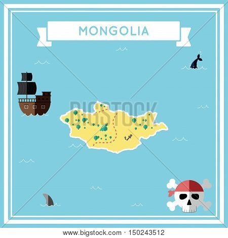 Flat Treasure Map Of Mongolia. Colorful Cartoon With Icons Of Ship, Jolly Roger, Treasure Chest And