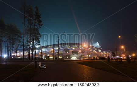 Borisov Belarus - September 02 2016: stadium belonging to FC BATE in the Borisov city of Belarus in the night.