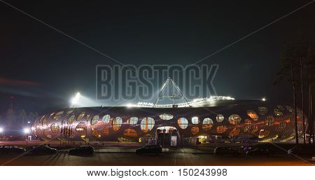 Borisov Belarus - September 02 2016: stadium belonging to FC BATE in the Borisov city of Belarus in the night.