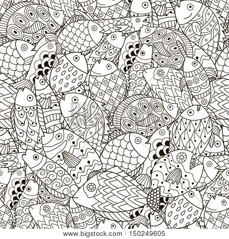 Fantasy sea and ocean seamless pattern. Black and white fish background in line art style. Great for coloring book, wrapping, printing, fabric and textile. Vector illustration