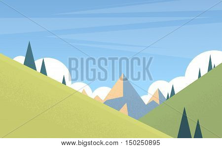 Summer Landscape Mountain Forest Sky Woods Flat Vector Illustration