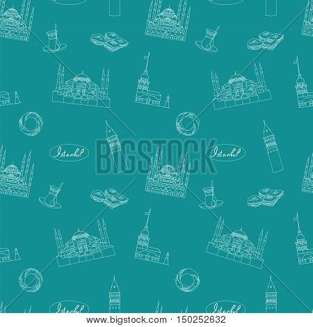 Turquoise Istanbul tourist vector seamless pattern. Istanbul landmarks background.