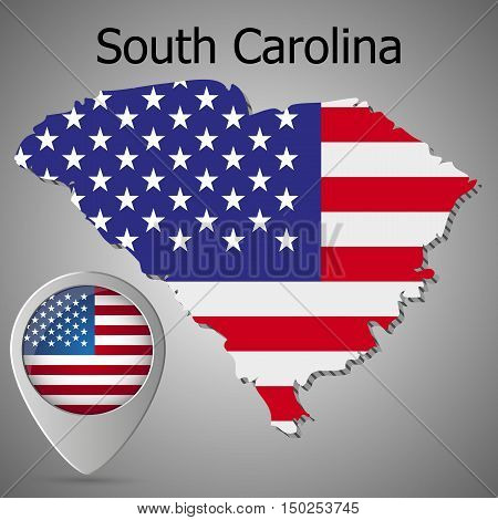 South Carolina State map with US flag inside and Map pointer with American flag. United States of America flag pin map icon eps 10.