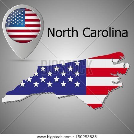 North Carolina State map with US flag inside and Map pointer with American flag. United States of America flag pin map icon eps 10.