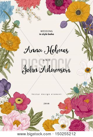 Wedding invitation. Spring Flowers. Poppy anemones peony. Vintage botanical illustration. Vector design element.