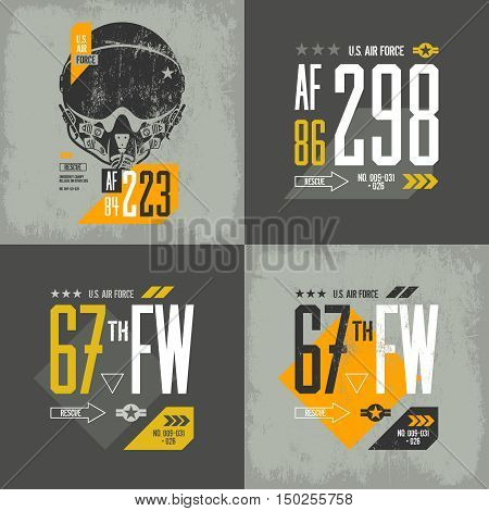 Modern american air force old grunge effect tee print vector design set. 
Premium quality superior threadbare pilot helmet and number logo concept. Shabby t-shirt aircraft emblem illustration.