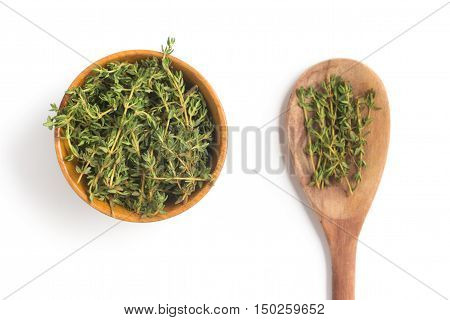 Fresh Thyme into a bowl isolated in white background