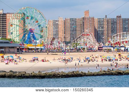 NEW YORK,USA - AUGUST 18,2016 : The beach and the amusement park at Coney Island in New York City