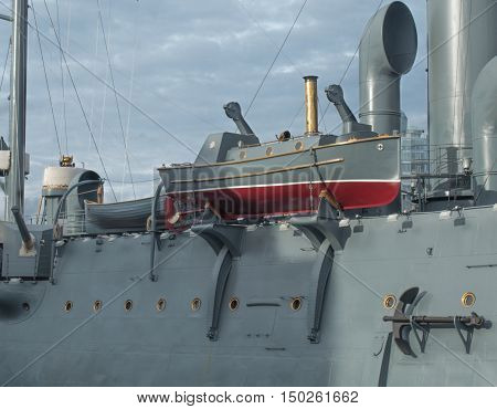 Saint Petersburg Russia September 14 2016: Lifeboat restored cruiser Aurora moored at the Petrograd embankment in St. Petersburg Russia