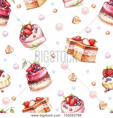 Seamless pattern with cakes.Hand draw watercolor illustration.
