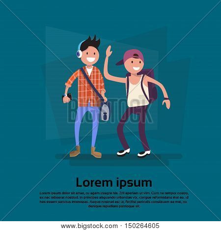 Two Cartoon Teenager Boy Smiling Student Friends Flat Vector Illustration