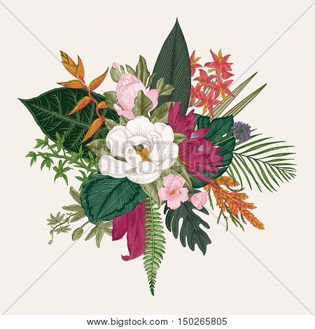 Bouquet of exotic flowers. Vintage vector illustration. Colorful