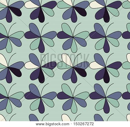 Vector seamless pattern with hearts placed in clover shapes. Flat shamrock imagined colors background. Simple repeating colorful texture. Various color minimalistic backdrop.