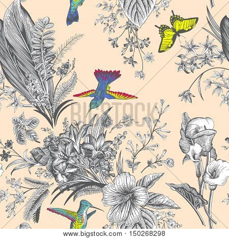 Vector seamless vintage floral pattern. Exotic flowers and birds. Botanical classic illustration. Colorful