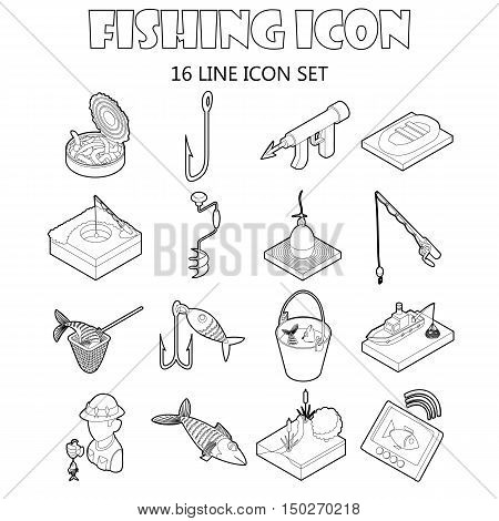 Fishing icons set in outline style. Fisher equipment set collection vector illustration
