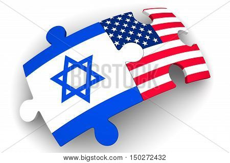 Cooperation between the United States of America and Israel. Puzzles with flags of the United States of America and Israel on a white surface. The concept of coincidence of interests in geopolitics. Isolated. 3D Illustration