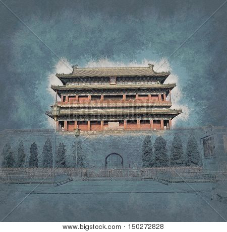 Beijing, China at the Zhengyangmen Gatehouse in Tiananmen Square. Beautiful historical building at sunset. Vintage painting, background illustration, beautiful picture, travel texture