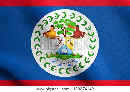 Belizean national official flag. Patriotic symbol banner element background. Accurate dimensions. Correct size colors. Flag of Belize waving in the wind with detailed fabric texture, 3d illustration