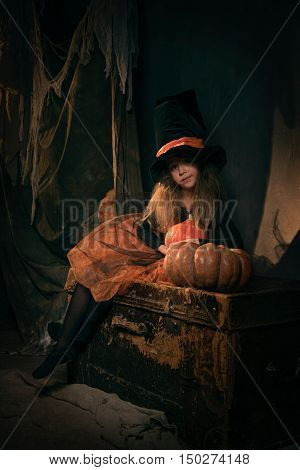 small girl in witch costume sit in helloween decoratios