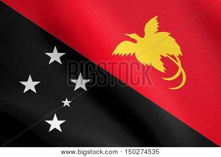Papua New Guinean national official flag. Papuan patriotic symbol banner element background. Accurate dimension. Correct size colors. Flag of Papua New Guinea wavy in wind detailed fabric texture, 3d illustration