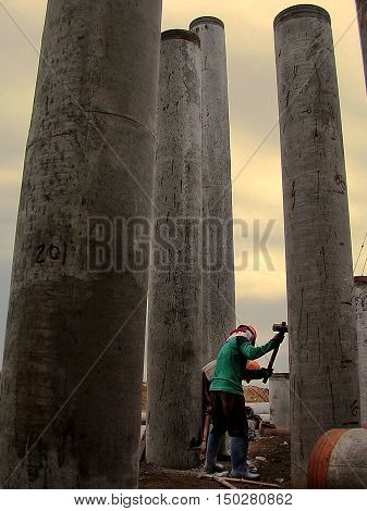 cutting pile machine activity in the morning