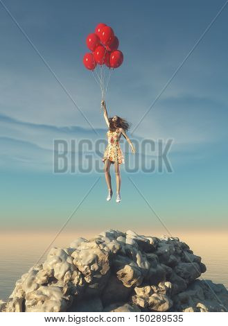 Young girl taking off the mountain peak rock holding red balloons. This is a 3d render illustration